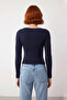 Women's Fitted Navy Blue Crew Neck Knitwear Sweater Modern Asymmetrical Cut Spring Autumn Chic - 4