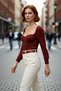 Women's Regular Fit Long Sleeve Crop Brown Heart Neck Ribbed Acrylic Knitwear Sweater Casual Chic