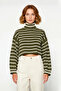 Women's Khaki Striped Turtleneck Crop Knit Sweater Casual Low Sleeve Detail Basic Winter Model - 2