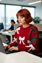 Women's Christmas-Themed Bow-Knot Patterned Pearl Crew Neck Long Sleeve Off-Shoulder Thick Knit Sweater - 3