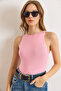 Women's Candy Pink Crew Neck Tok Buzzy Ribbed Stretchy Blouse Blz-19003138 - 2
