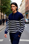 Men's Oversized Fit Navy Blue Striped Polo Neck Knit Sweater Winter Comfortable Thessaloniki Woven Acrylic