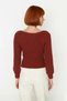 Women's Regular Fit Long Sleeve Crop Brown Heart Neck Ribbed Acrylic Knitwear Sweater Casual Chic - 4