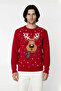 Men's Regular Fit Crew Neck Thick Knitwear Christmas Themed Red Deer Patterned Winter Sweater - 2