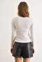 Women's White Accessory Detailed Double Breasted Stretchy Ribbed Blouse Blz-19003110 - 6