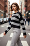 Women's Oversized Crew Neck Striped Crop Acrylic Knit Sweater with Draping Detail Comfortable Chic Quality