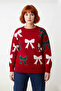 Women's Christmas-Themed Bow-Knot Patterned Pearl Crew Neck Long Sleeve Off-Shoulder Thick Knit Sweater - 2