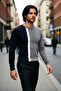 Fitted Fit Crew Neck Color Block Long Sleeve Basic Textured Knit Sweater for Men Good Quality