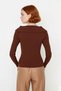 Women's Turn-Down Collar Fitted Ribbed Knit Blouse Long Sleeve Crop Length Spring Autumn Casual Chic - 4