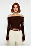 Women's Ecru Carmen Collar Fitted Crop Knit Sweater Stylish and Basic Design for Spring and Autumn - 2