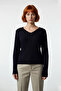 Women's Navy Blue Hair Knit V-Neck Sweater Regular Fit Long Sleeve Basic Daily Chic Quality - 2