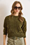 Women's Khaki Stand Collar Stitching Detailed Crop Chenille Sweater Kzk-19001034 - 6