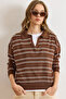Women's Coffee White Polo Neck Thin Striped Thin Knitwear Sweater Kzk-19001033