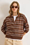 Women's Coffee White Polo Neck Thin Striped Thin Knitwear Sweater Kzk-19001033 - 6