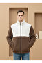 Trendy, Unisex, Brown-White, Color Block, Zippered, Stand Collar, Sherpa, Fleece, Jacket