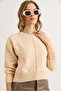 Women's Ecru Stand Collar Stitching Detailed Crop Chenille Sweater Kzk-19001034 - 5
