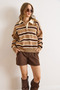 Women's Camel Brown Polo Neck Striped Knit Sweater Kzk-19001030 - 3