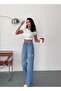 Women's medium blue baggy high-waist denim jeans, side laser detailing - 5
