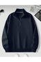 Navy Blue Stand Collar Plain Oversize Pullover Sweatshirt - 2