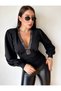 Women's stone detail v-neck padded balloon sleeve micro fabric blouse - 4