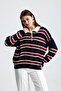 Striped Buttoned Polo Neck Women's Knit Sweater - 4