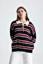 Striped Buttoned Polo Neck Women's Knit Sweater - 6