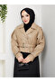 Women's Beige Belted Short Leather Jacket with Shoulder Epaulettes