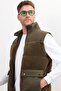 Men's Regular Fit Classic Cut Fur Detailed Mock Neck Double Pockets Warm Dark Green Vest - 2