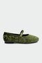 Semy Khaki Velvet Embroidery Detail Women's Ballet Flats