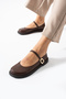 Women's Black Leather Shoes with Gold Buckle Detail – Round Toe Comfortable Casual Shoes - 3