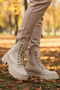 Beige Leather Lace-Up Zippered Non-Slip Women's Boots 514531 Z - 3