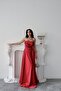 Red Bust Draped Strapless Satin Evening Dress - 4