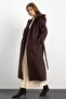 Fur Hooded Waist Tied Long Coat Brown 3107 - 3
