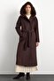 Fur Hooded Waist Tied Long Coat Brown 3107 - 4