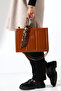 Tan Women's Large Size Box Model Bag with Scarf Accessories, Crossbody Strap, Shoulder and Hand Bag - 6
