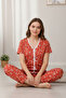 Women's Orange Heart Patterned Bow Short Sleeve Long Pajama Set