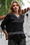 Black V-Neck Long Sleeve Slit Striped Knitwear Sweater 65 60 - 6
