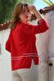 Red V-Neck Long Sleeve Slit Striped Knitwear Sweater 65 60 - 2