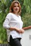 White V-Neck Long-Sleeved Slim Slit Knitwear Sweater 65 60 - 7