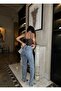 Women's High-Waist Stone Embellished Blue Palazzo-Cut Design Jeans Trousers - 5