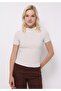 Slim Fit Stand Collar Plain Women's Ecru Short Sleeve T-Shirt