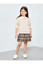 Girls Beige Long Sleeve Top and Checked Skirt Set