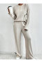 Beige Ribbed Knit Relaxed Fit T-Shirt and Pants Co-ords - 4