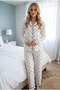 White Black Heart Patterned Long Sleeve Buttoned Piping Pajama Set 7926 - 2