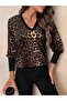 Women's V-Neck Patterned Single Jersey Blouse - 3