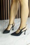 Perola Black Satin Stone Pearl Open Back Pointed Toe Thin Heeled Evening Dress Shoes - 6