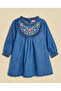 Embroidered Denim Dress with Crew Neck and Long Sleeves