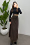 Women's Brown Thin Wave Printed Tulle Skirt with Back Elastic Detail and Zipper - 2