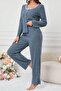 Blue Cotton Lace Detailed Buttoned Pajama Set - 5