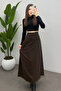 Women's Brown Thin Wave Printed Tulle Skirt with Back Elastic Detail and Zipper - 6
